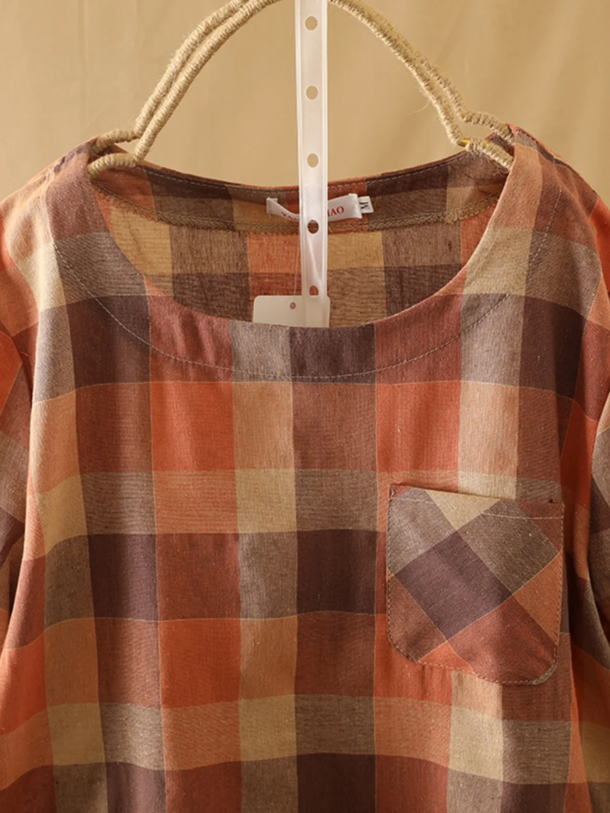 Retro Plaid Baumwolle Leinen ort Sve T-shirt Sommer plus Größe frauen Kleidung Patch ket runde Ne Gewicht Verlust Top