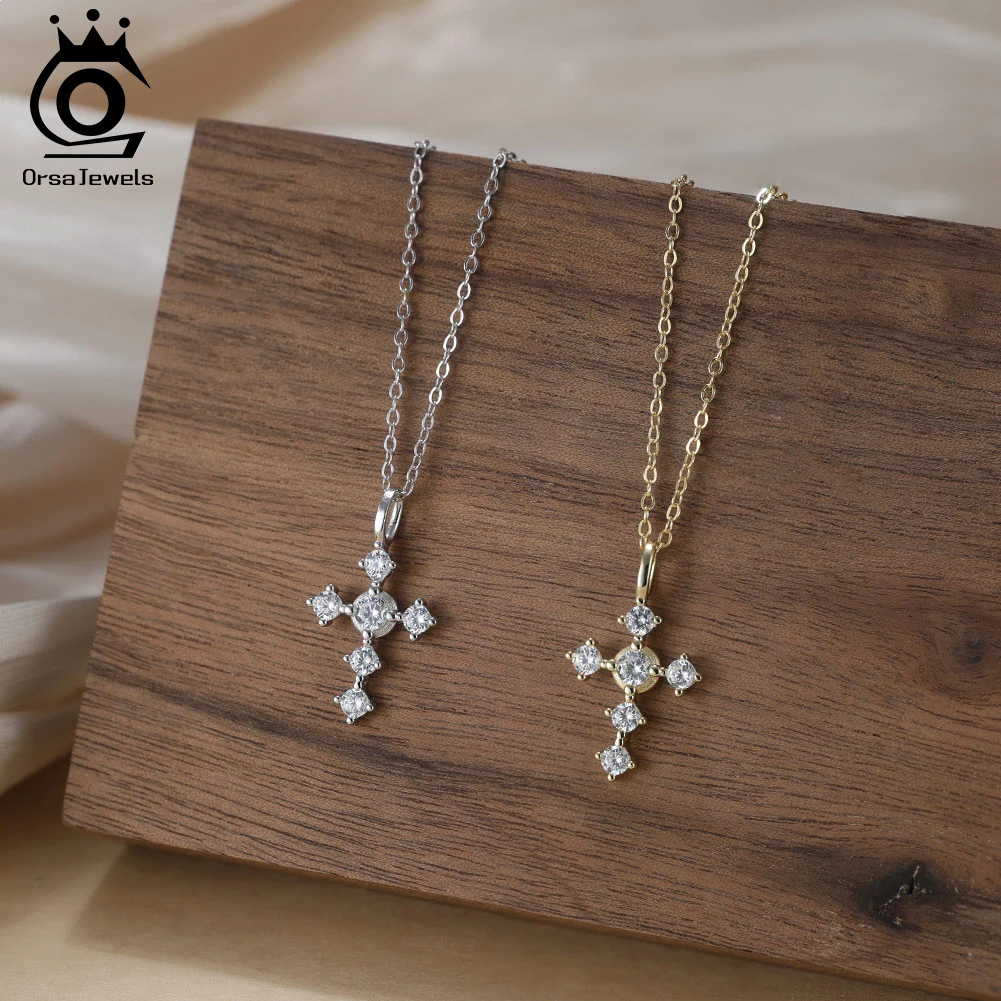 ORSA JEWELS S925 Silver Exquisite Cross Zircon Chain Pendant Necklace  Fashion Cross Rotating Wedding Collarbone Chain SAPN51