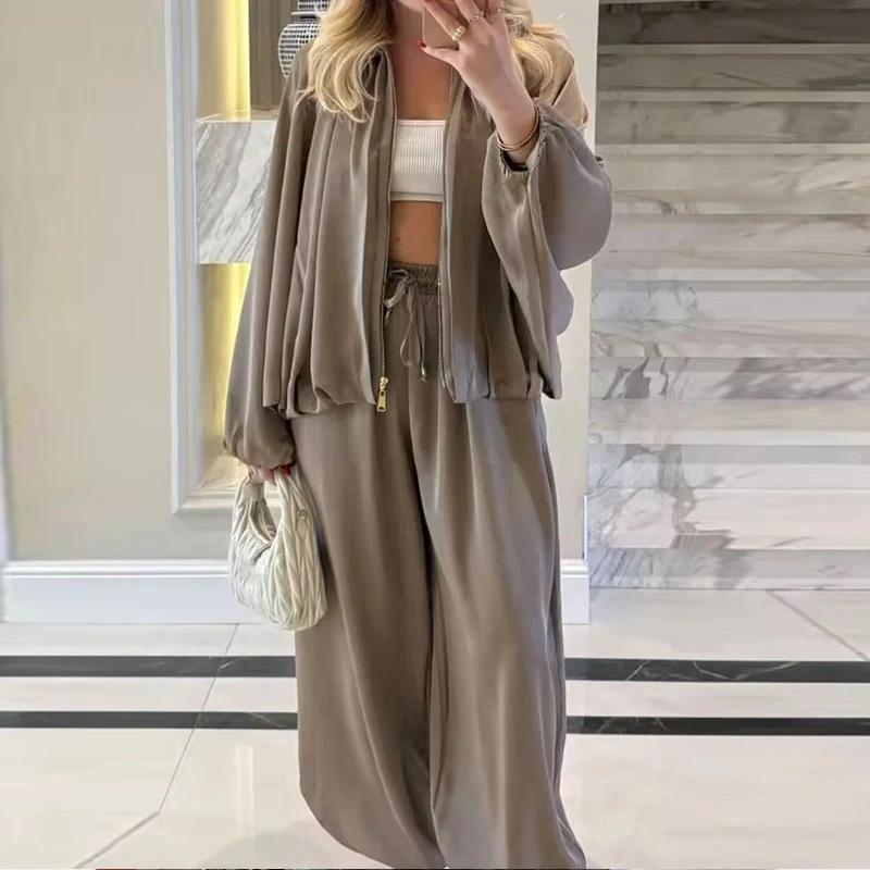 

BKQU Casual Loose Pants Suit Women Zipper Long Sleeve Coats Lace-up Wide Leg Pants 2 Piece Outfits Lady Elegant Street Tracksuit