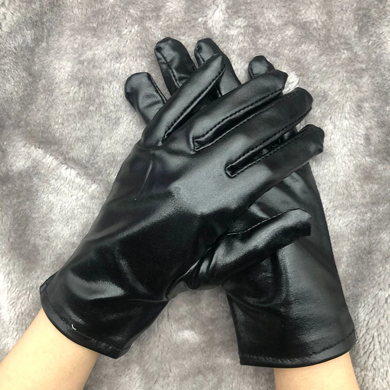 Guantes cortos de charol, manoplas de etiqueta para actuación en boda, Halloween, dedos completos, negro brillante, Cosplay