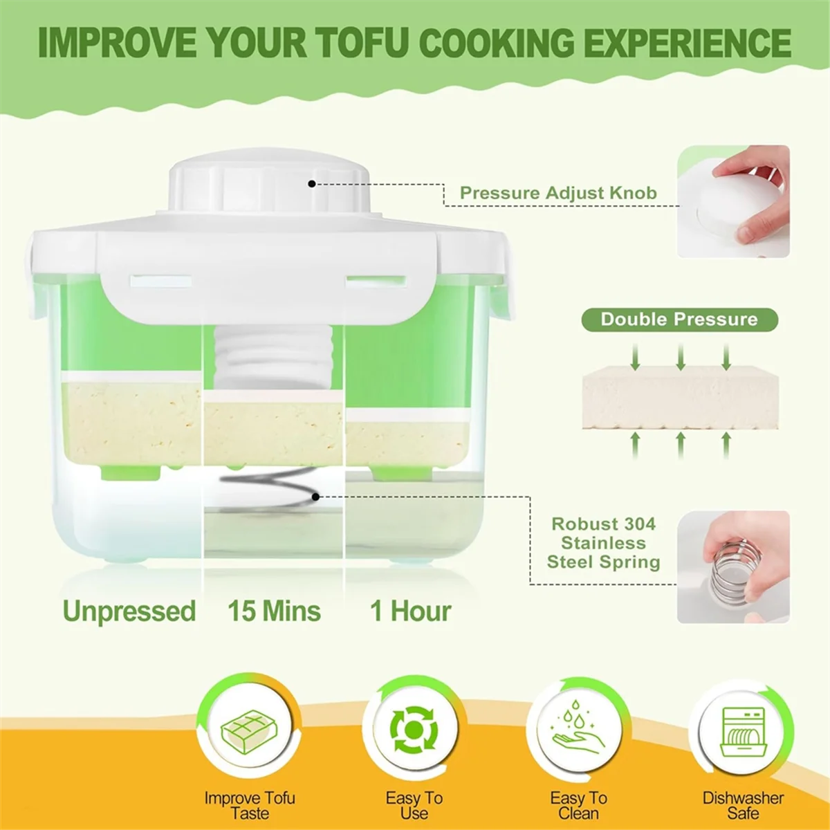 Tofu Press, Adjustable Tofu Press Dishwasher Safe, Large Vegan Tofu Presser Drainer with Drip Tray, Speed Up Removing