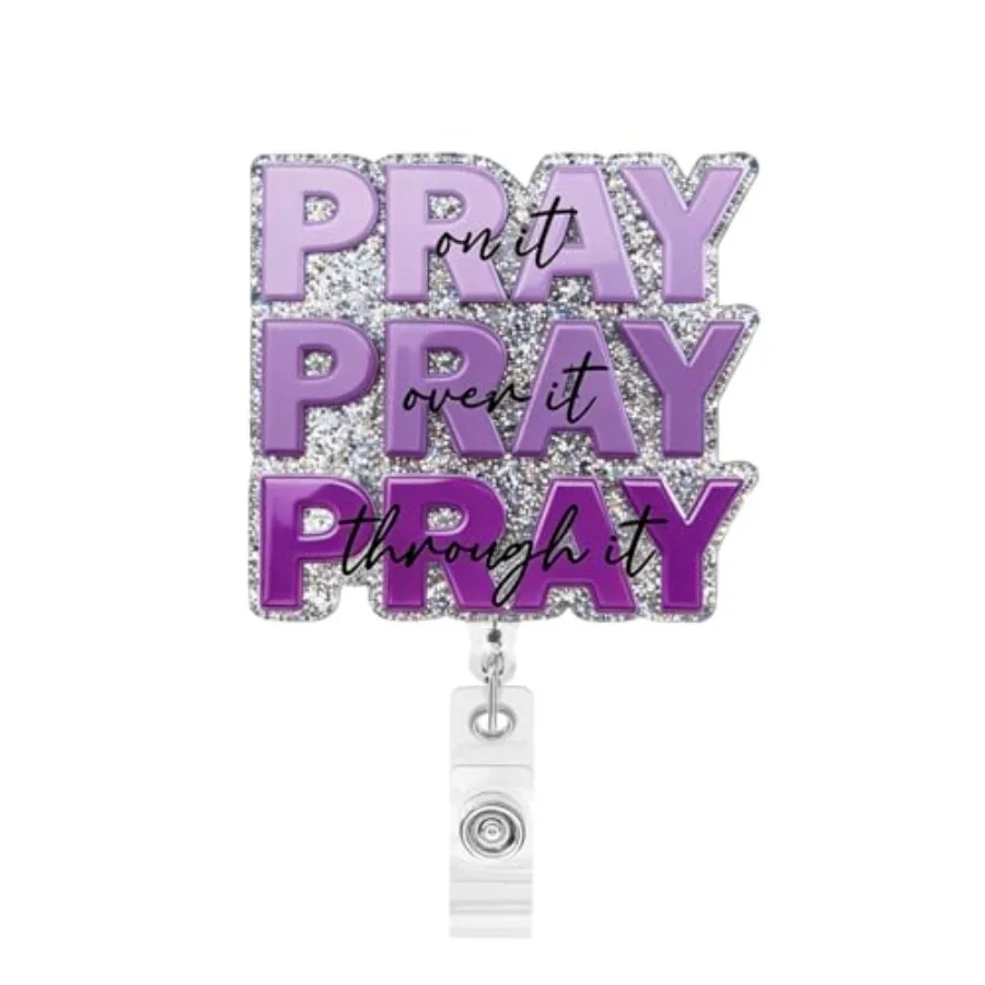 Purple Christian Inspirational Badge Reel, Pray on it Pray Through it Bible Verse, Religious Encouraging Scripture Quotes Badge