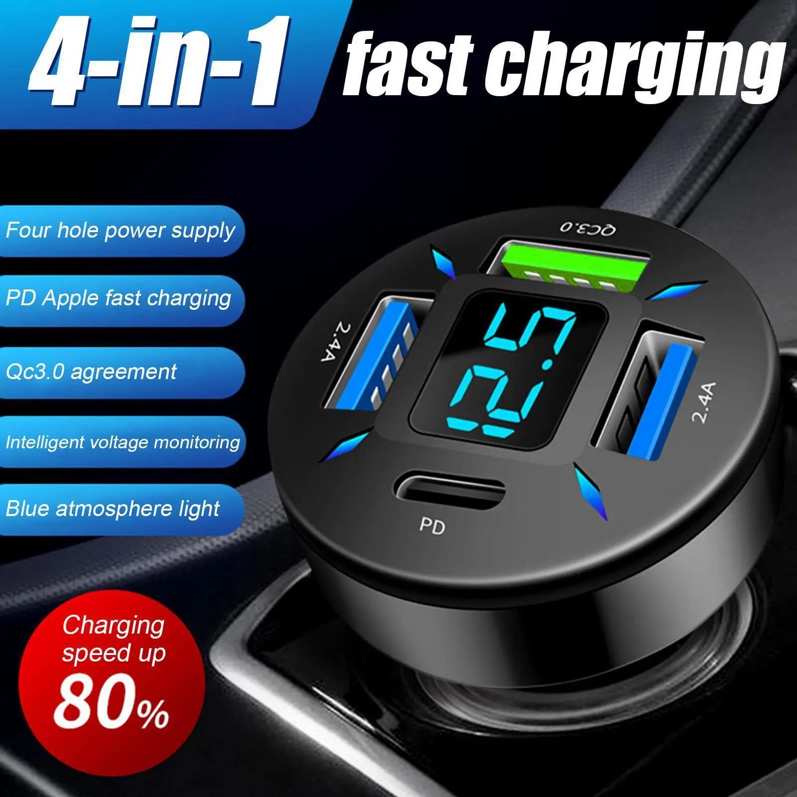 

PD Quick Car Charger QC3.0 2.4A 4 Ports USB Fast Charging Car Adapter Cigarette Lighter Socket Splitter For iPhone I9L4