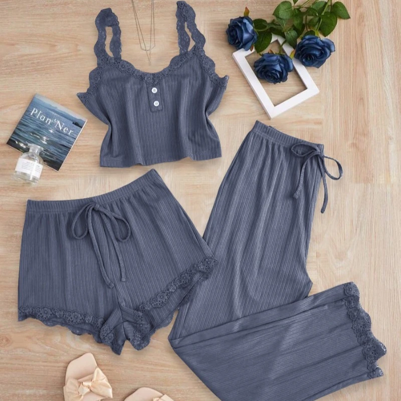 Woman Lace-trim Camisole Pajama Set Girls Student Short Long Pants Three-piece Set Women Loungewear Ladies Homewear Worn Outside