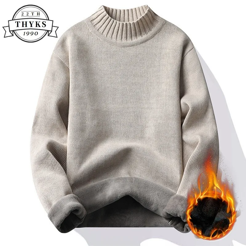 Pullovers Men's Winter Sweater Mock Neck Fashion Solid Plush Thicken Warm Knitted Pullover Casual Male Elastic Knitwear Sweaters