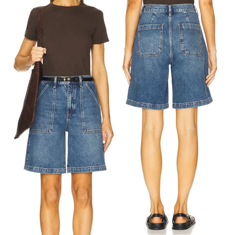 

Women High waisted deep blue jeans casual front patch pocket denim shorts