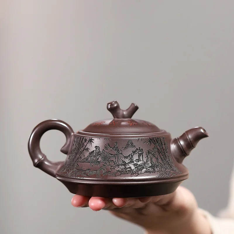 Secret Text One-Piece Dropshipping Yixing Original Mineral Yellow Purple Clay Handmade First-Class Bamboo Teapot Fully Carved