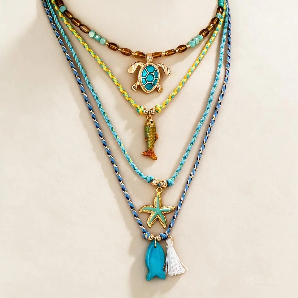 Custom Boho Handwoven Adjustable Layered Ocean Necklace Turtle Fish Starfish Pendant Jewelry For Beach Vacation Daily Photo Wear