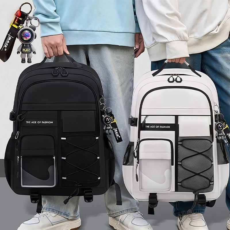 1pcs Thick Tear Resistant Nylon School Bag Wide Padded Strap Side Mesh Pocket Large Rucksack For Teen Travel Outdoor Storage