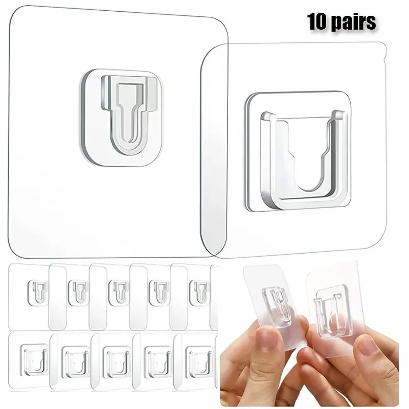 

10 Pairs Double Sided Adhesive Wall Hooks Hanger Waterproof Transparent Suction Cup Storage Hook for Kitchen Bathroom