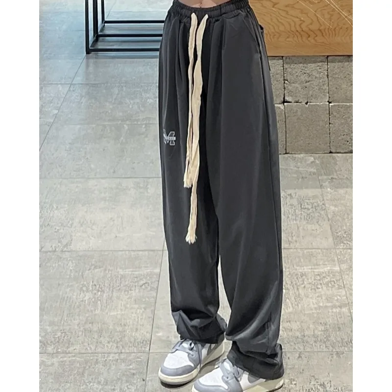 

Women's Grey Drawstring Sweatpants Fashion High Waist Straight Wide Leg Pants Simplicity Baggy Bind Feet Trouser Female Autumn