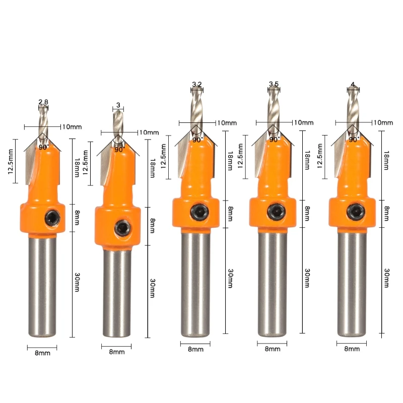 YUSUN-Hss Rebaixador Router Bit, Extrator De Parafuso, Carpintaria Fresa, 8 milímetros Shank