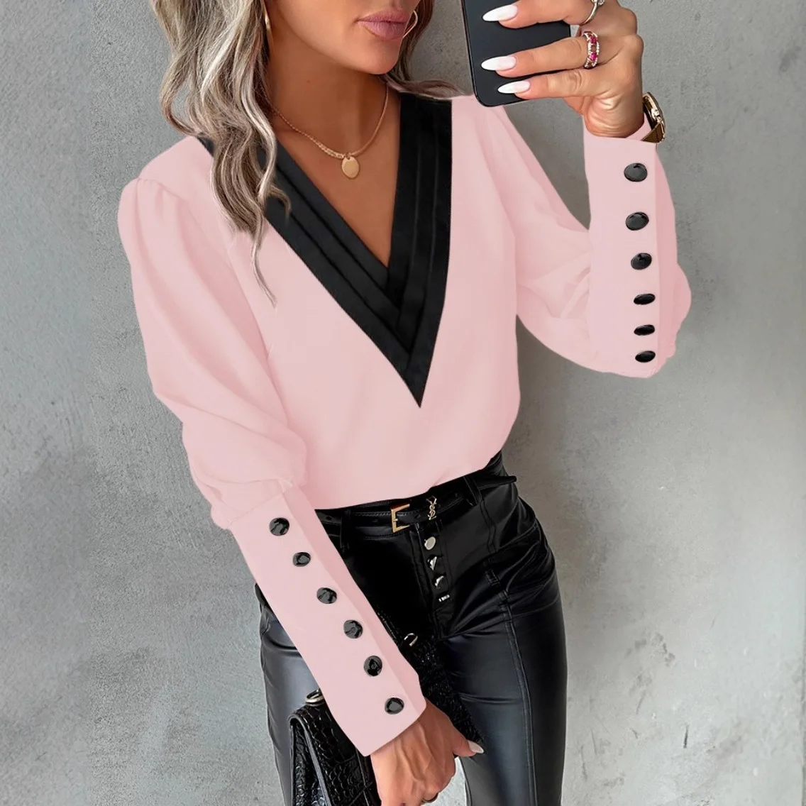 Women Deep V Neck Long Sleeve Blouse Contrast V Collar Trim Bishop Long Sleeve Multiple Decorative Button Cuff Loose Fit Top