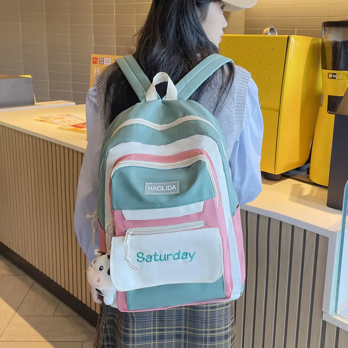 Multi-color stripe backpack woman girls stitch schoolbag designer school bags for teens school things