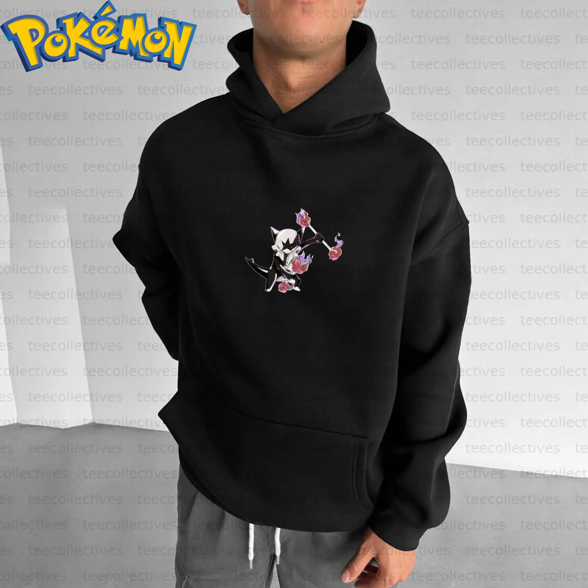 Pokemon anime algodão moletom preto personagem impressão com padrão de dragão chama roxa e design de flor rosa casual streetwear