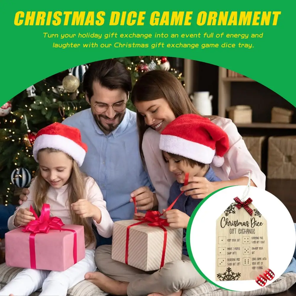 Gift Exchange Dice Game Decoration Wooden Christmas Gift Exchange Dice Game Ornament with Bow Xmas Present Board Hanging