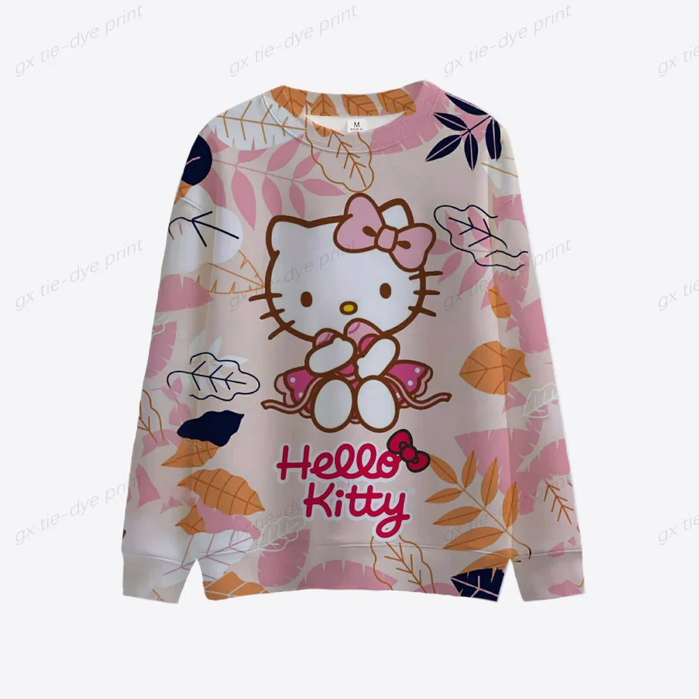 Japan Anime Hello Kitty Printed Womens Fall Clothing Long Sleeve Cartoon Casual Crewneck Sweatshirt Casual Pullover Blouse Tops