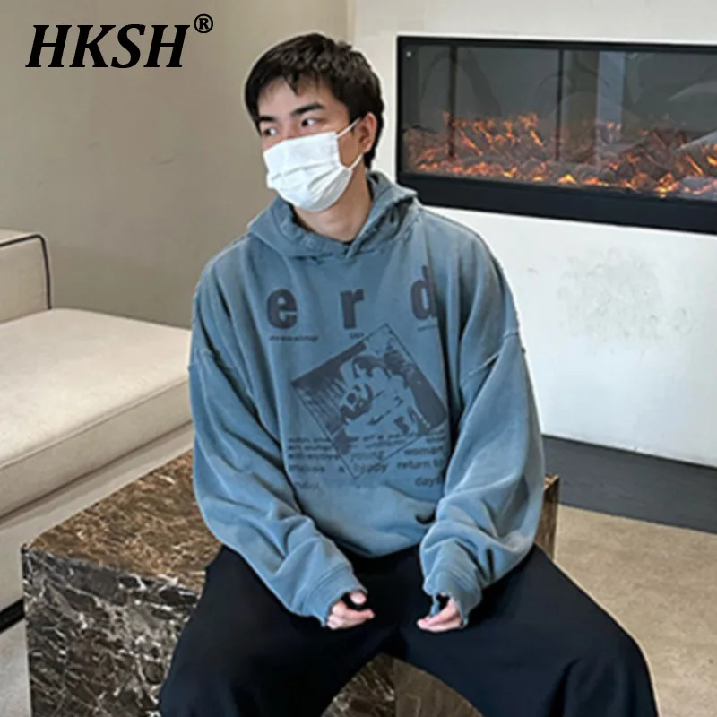 

HKSH Spring Autumn New Men's Tide Washed Damaged Vintage Short Wide Hoodie Women's Hooded Letter Print Punk Hip Hop Style HK0517