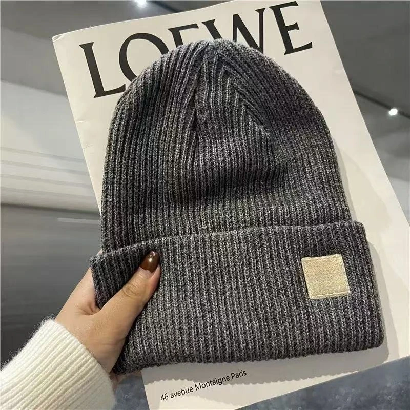 Unisex Winter Knit Beanie Hat Solid Color with Blank Square Patch Soft Warm Skull Cap for Men Women Daily Outdoor