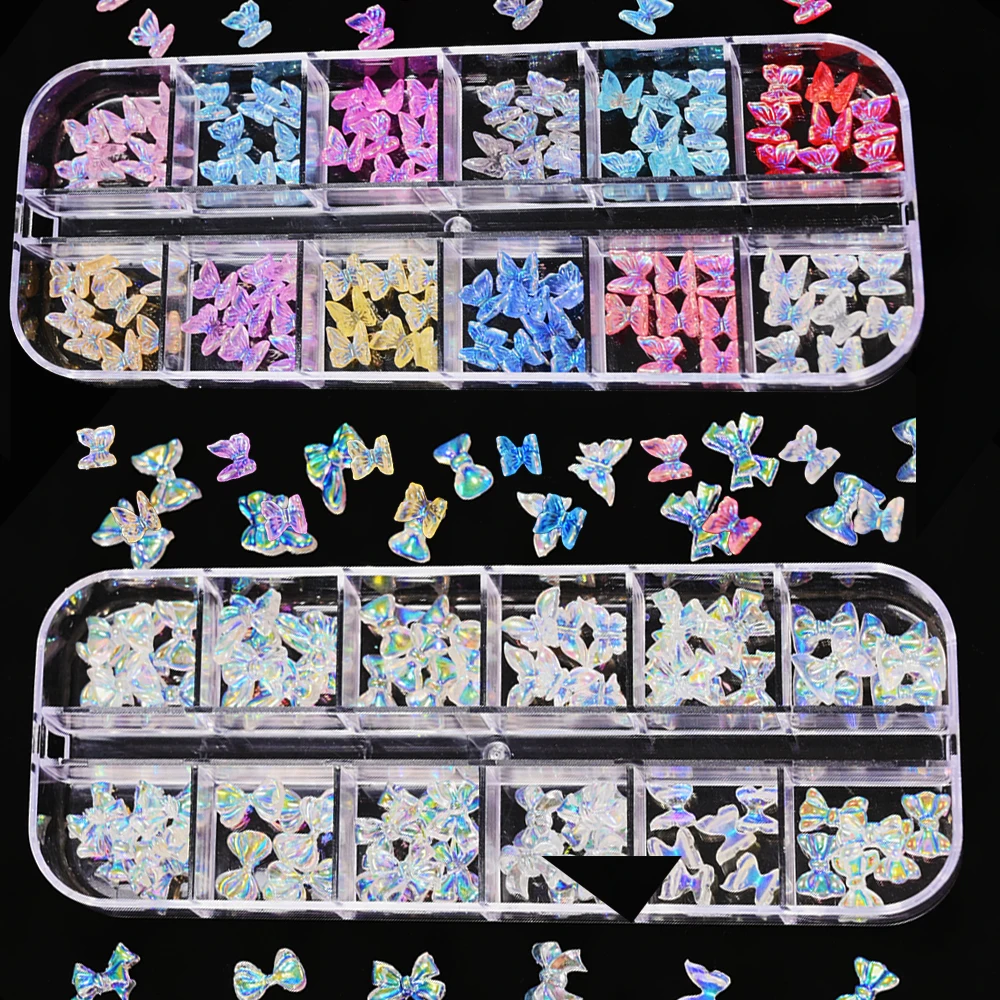 Aurora-Breloques papillon en résine pour Nail Art, 12gris/boîte, 6/10mm, taille mixte, papillon/nœud, bricolage, 3D