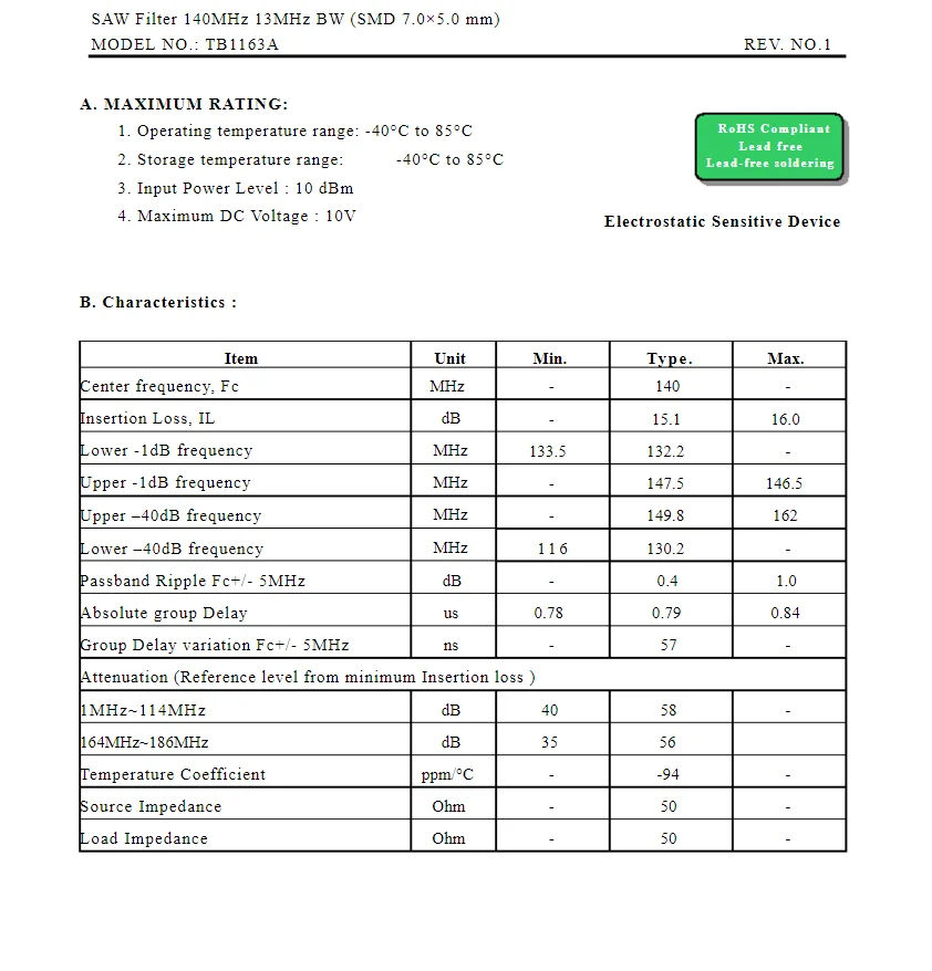 BW pacotes SMD SAW filtro, novo, genuíno, BW, 1163, TB1163A, 140MHz, 13MHz, 5pcs