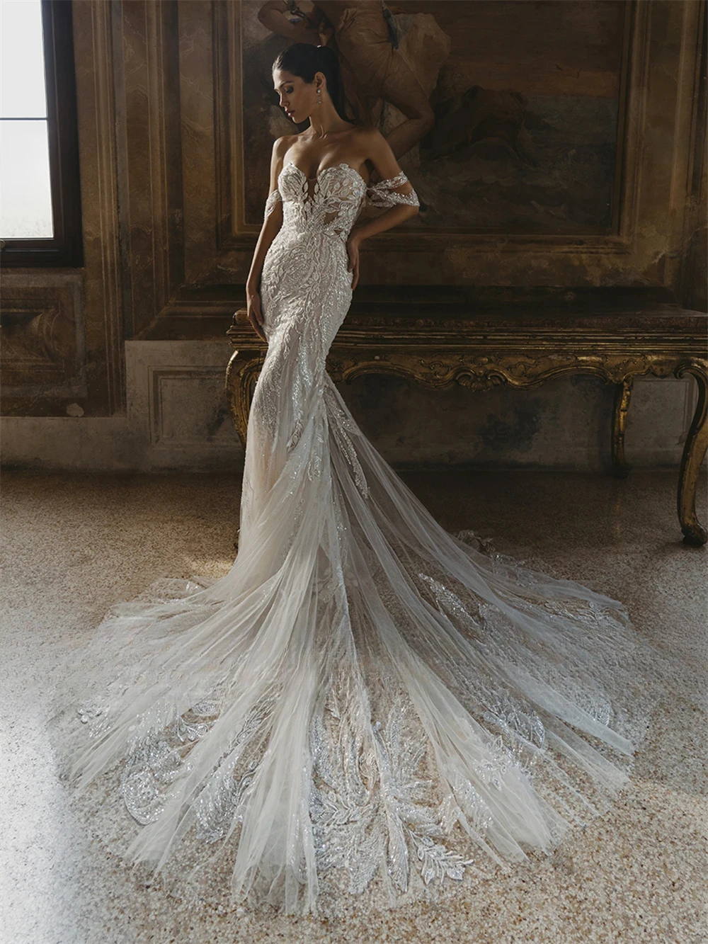 فساتين زفاف غمد البوق للعروس دانتيل زينة ترتر زهري على شكل قلب قبالة الكتف سويب تراين مصنوع حسب الطلب #2