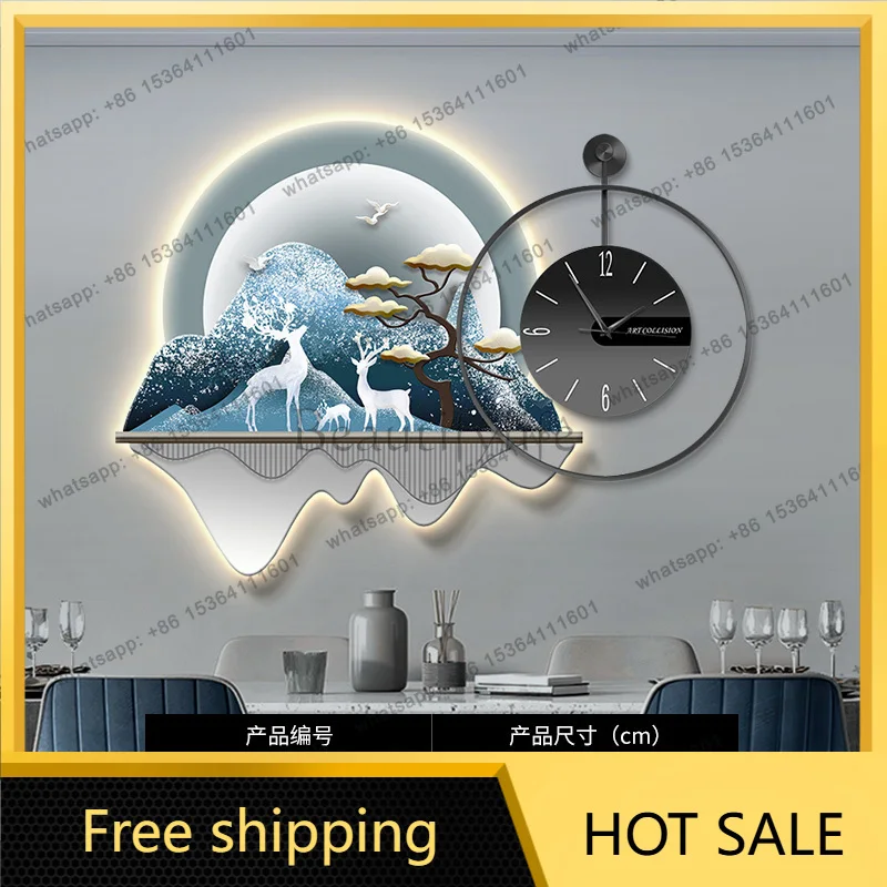 LJY LED Luxury High End Dining Room Wall Art with Clock Illuminated Hanging Mural for Dining Table Background Wall Decoration