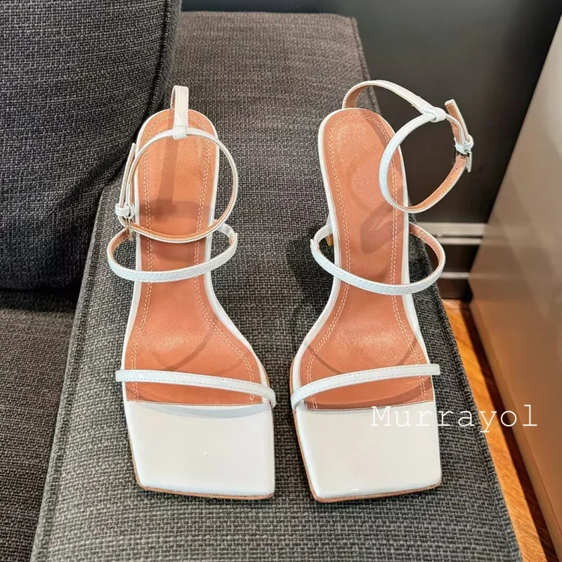 여성용 스퀘어 토 얇은 힐 샌들, 원 스트랩, 정품 가죽, 섹시 샌들, 여름 파티 원피스 슈즈, 웨딩 슈즈 펌프스, 신상