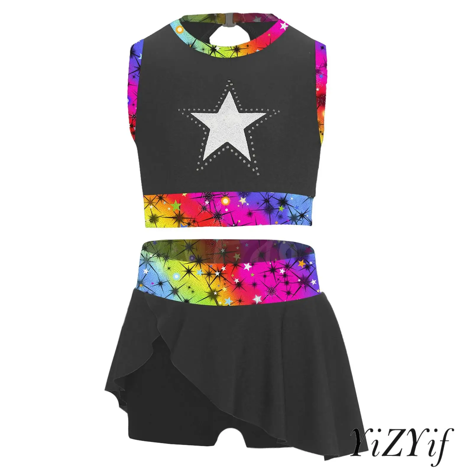 

Girls 2 Pcs Cheerleading Dance Sport Outfit Hollow Back Tank Top with Sport Skirt Set for Exercise Gymnastic Swimwear Activewear