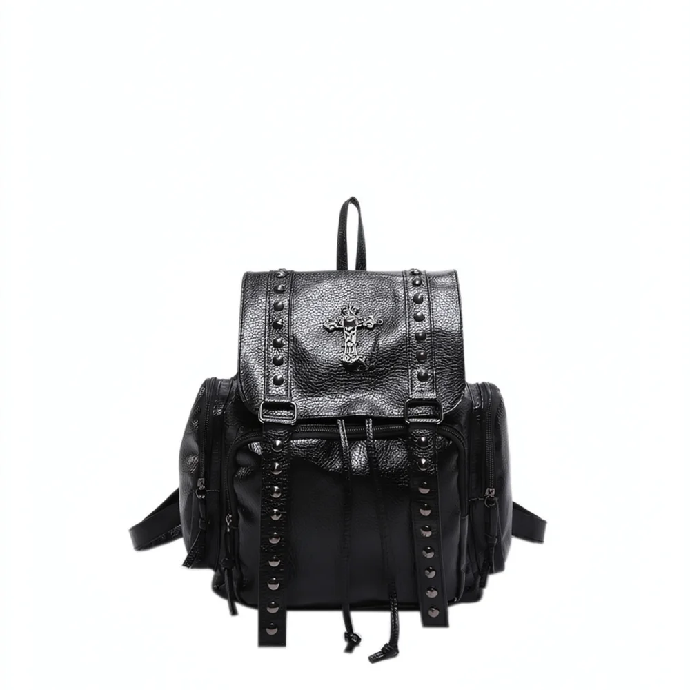 Punk Style Rivet Backpack Cross Design Washed PU Leather School Bag Trendy Large Capacity Travel Durable Women Knapsack