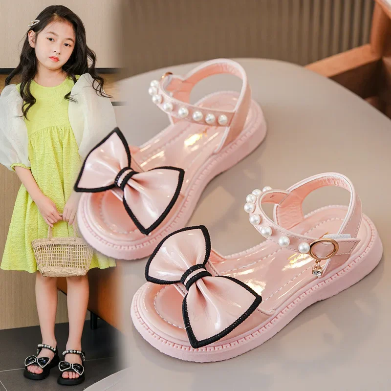 26-37 2024 New Summer Princess Elegant Beach Shoes Fashion Bow Pearl Kids Flat Sandal for Girls Shoes  Children's Sandals Size