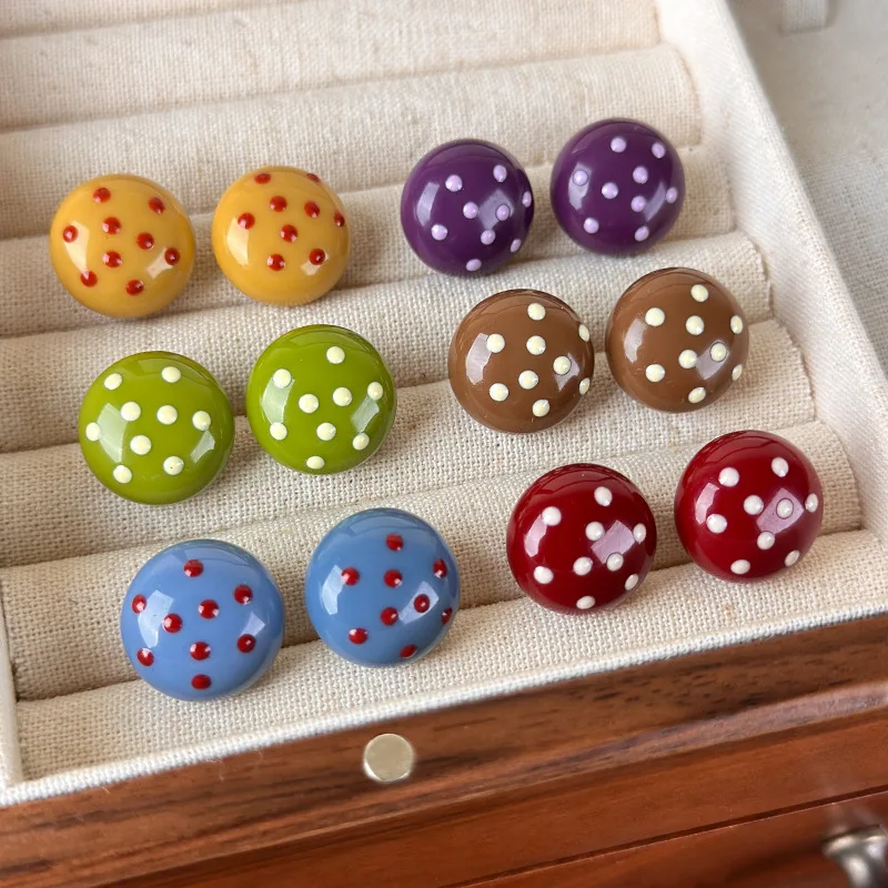 New Fashion Colored Acrylic Sweet Design Polka Dot Circular Stud Earrings for Women Novelty Jewelry in Assorted Colors Gift