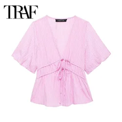 TRAF Striped Pink Crop Top Female Bow Puff Short Sleeve Blouse Woman Ruched Casual Summer Blouses For Women 2024 Short Tops