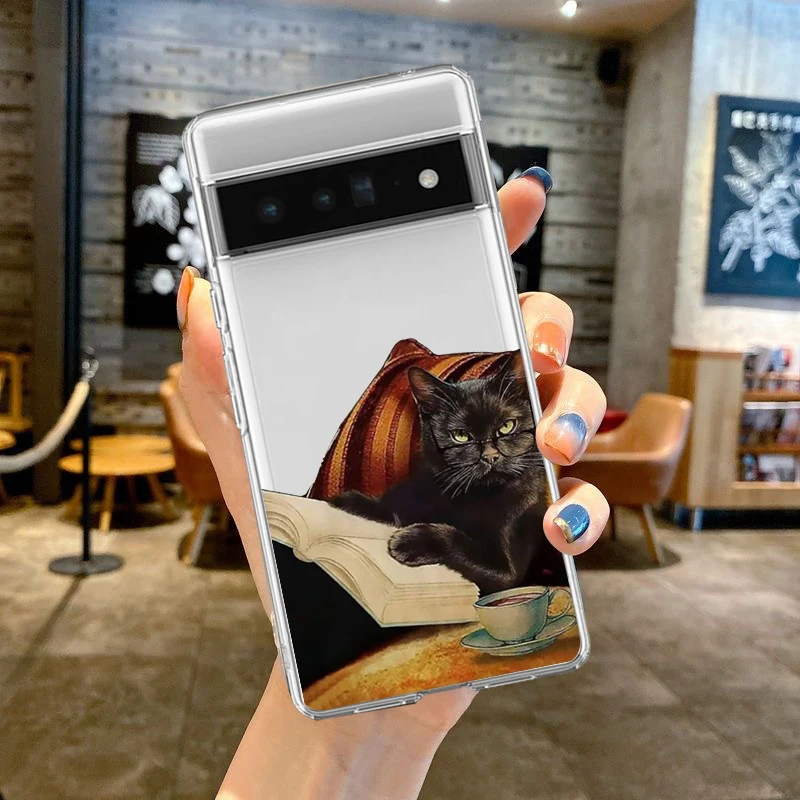 Cute Cat Goblet Drink Couple Phone Case for Google Pixel 9 Pro XL 8A 7 8 Pro 6A Funny Transparent Soft Cover Fundas