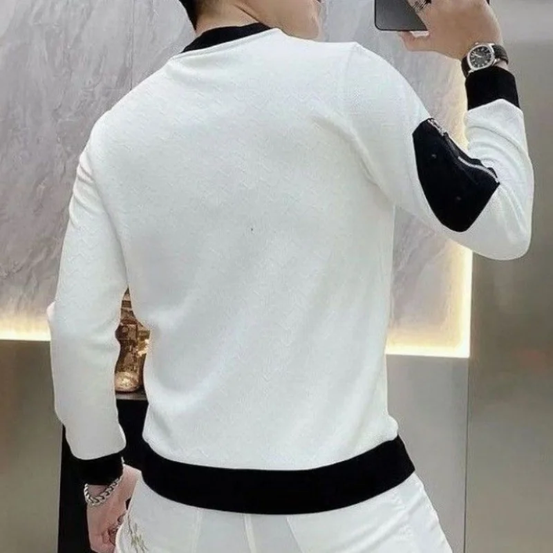 Spring Autumn High Quality Luxury Men\'s Round Neck T-shirt Male Clothes TrendSlim Long Sleeve Jacquard Pullovers Tops for Men