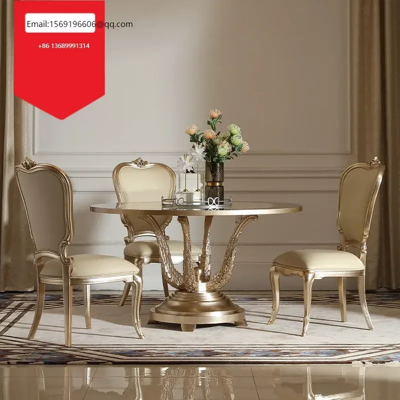

French retro luxury solid wood round table restaurant European dining table leather chair combination furniture