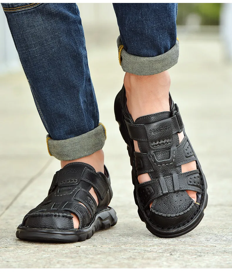 

Классические летние мужские кроссовки для прогулок на открытом воздухе, дышащие сандалии из натуральной кожи, повседневная обувь для мужчин, высокое качество