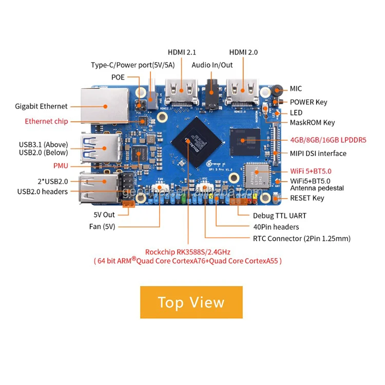 Orange Pi 5 Pro 4GB RAM LPDDR5 eMMC Socket RK3588S 8-core 64-bit Mali-G610 Built-in 3D GPU Orange Pi5 Pro 4G Development Boards