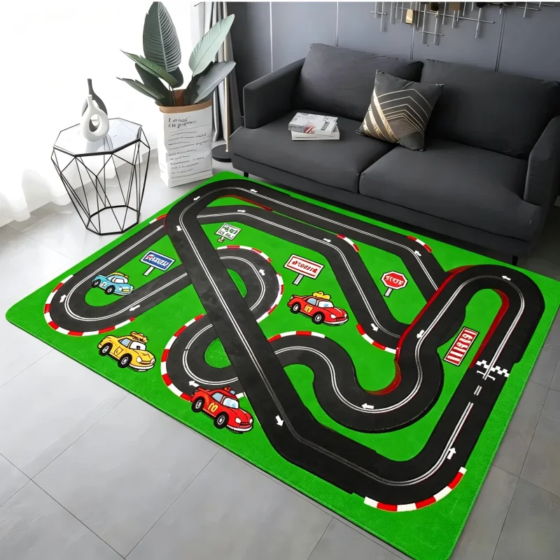 Green Racing Track Area Rug Toddler Educational Play Mat Cartoon Race Car Road Carpet Non Slip  Play Rug  Rugs for Bedroom