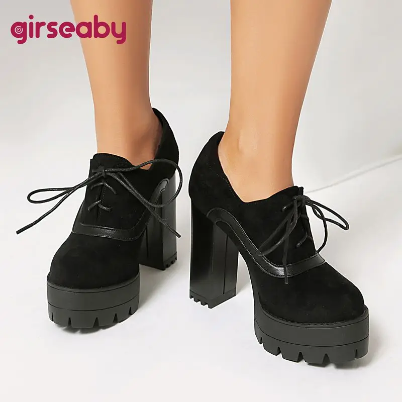 

Женские туфли Girseaby из замши в стиле ретро, с круглым носком, на каблуке 11 см, на платформе 3,5 см, на шнуровке, в готическом стиле, для свиданий, большие размеры 44, 45, 46