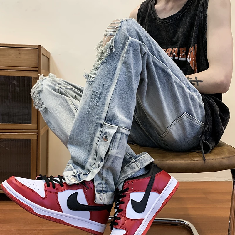 Men's Straight Leg Jeans Korean Design Sense Zipper Slim Wide Leg Pants Torn Frayed  Casual Summer Jeans