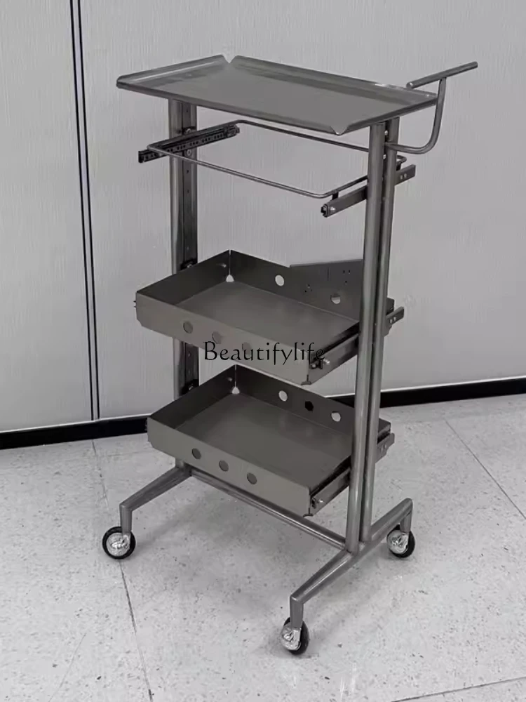 Hair Salon Tool Car Stainless Steel Folding Two-Layer Table Movable Trolley Hairdressing