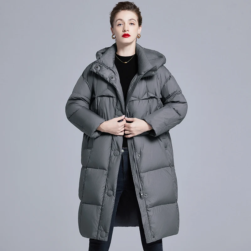 Piumino da donna con cappuccio extra lungo, giacca trapuntata imbottita in piuma grigia con tasche frontali Polsini regolabiliParka invernale oversize