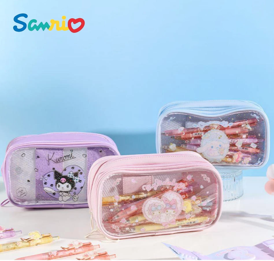 Sanrios My Melody Cinnamoroll Three-Layer Large Capacity Pu Waterproof Pencil Case Elementary School Junior High Stationery Box