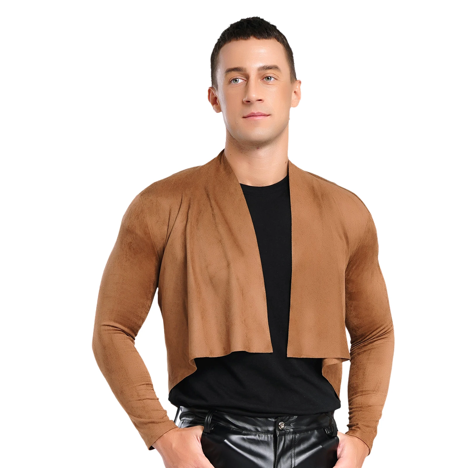 

Мужской ковбойский кардиган из искусственной замши 70-х годов, стильная верхняя одежда, водопадный вырез, длинный рукав, открытая передняя часть, короткие куртки, пальто, клубная одежда