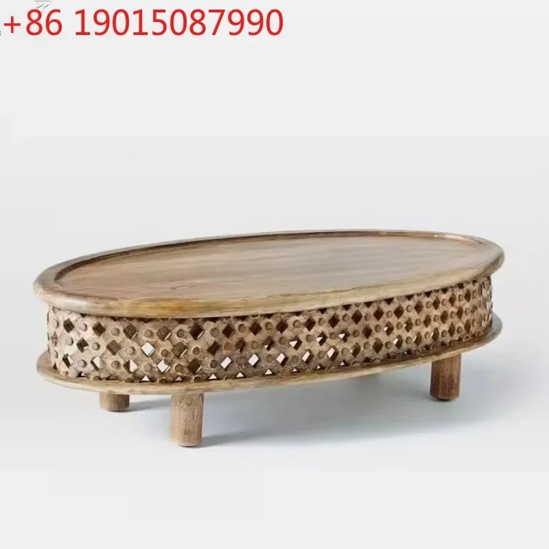 American country solid wood classical oval coffee table hollow pattern living room furniture