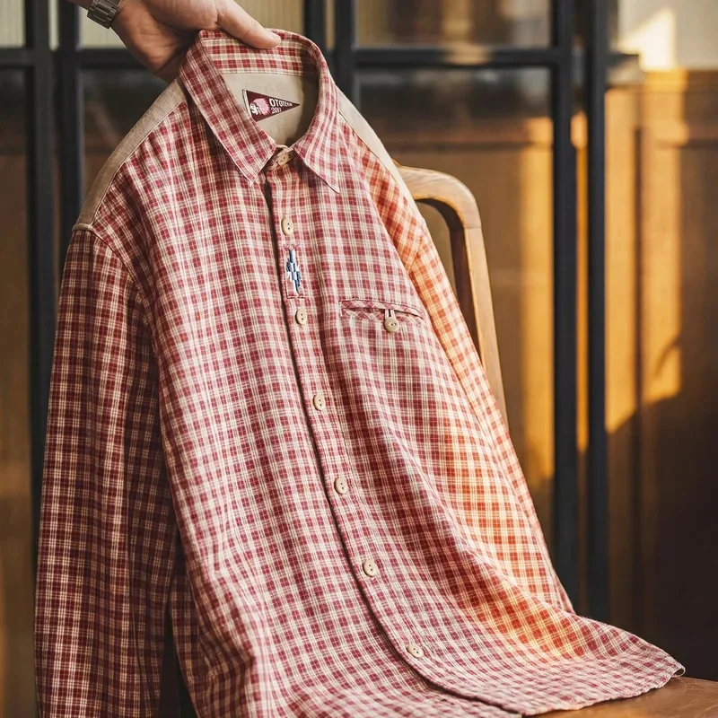 Maden Navajo Embroidered Red Plaid Western Shirt Men's Long Sleeve Woven Casual Button Down Autumn Vintage Tribal Top