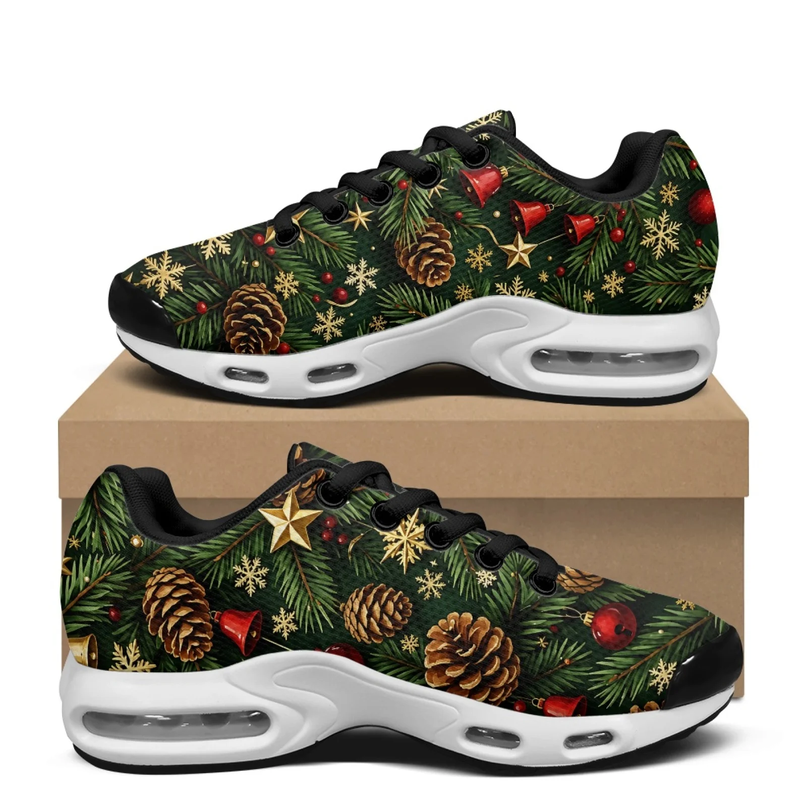 PENSTROLL Christmas Men's Air Cushion Running Shoes Featuring Pine Cone Bell, Mesh Jogger Sneakers for daily sports and casual