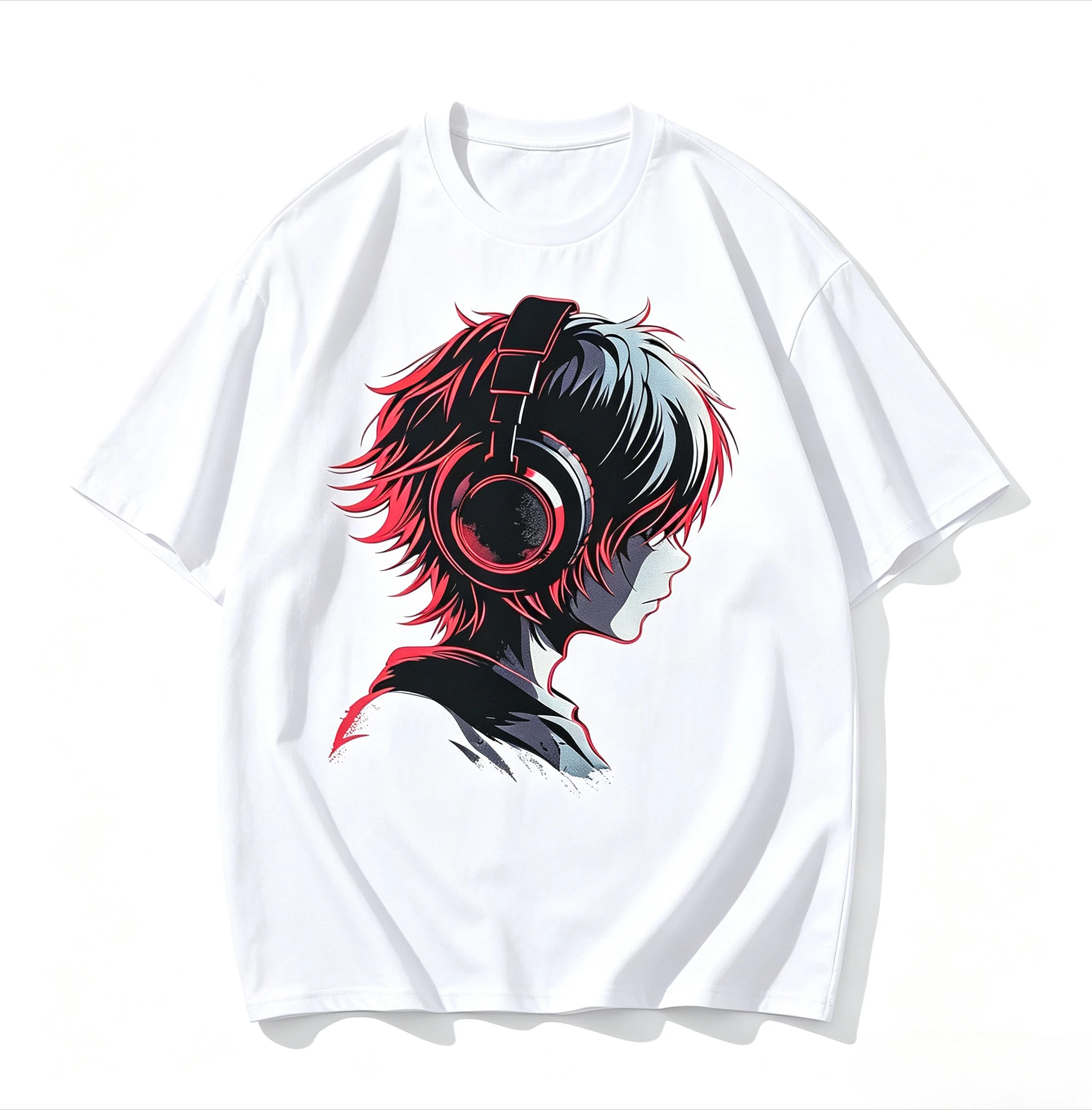 Cool Anime Boy Headphones Print T Shirt Men Red Shadow Manga Graphic Short Sleeve Unisex Streetwear Music Lover Casual Otaku Tee