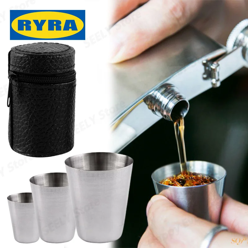 

Polished 70ML Mini Stainless Steel Shot Glass Cup Drinking Wine Glasses With Leather Cover Bag Whisky Wine Portable Set 4PCS